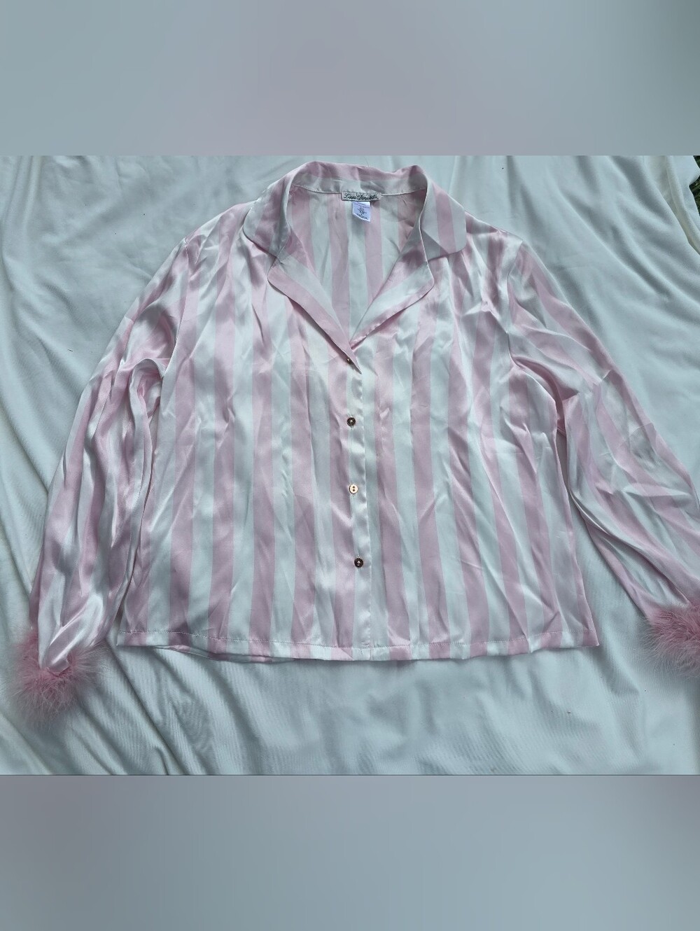 Linea Donatella Womens Large Pink & White Stripe Satin Feather Trim Pajama Top